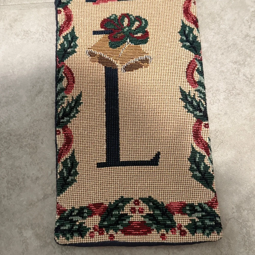 Vintage NOEL Needlepoint Vertical Tapestry Wall Hanging in Cream and Navy